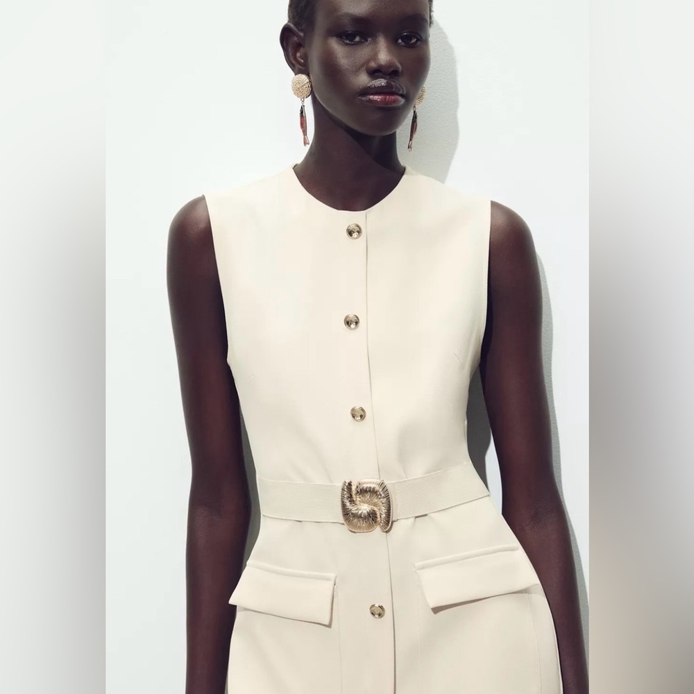 Zara NWT Elegant Cream Sleeveless Belted Midi Dress with Gold Details (Medium) - Picture 14 of 16